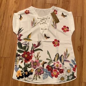 Floral Top FS Elegant Fashion Shirt Blouse Butterfly flower Print lace up top